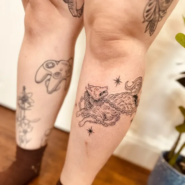 snarling wolf bound in chains with stars, medieval engraving style linework on the calf, by hannah at shade studio peterborough