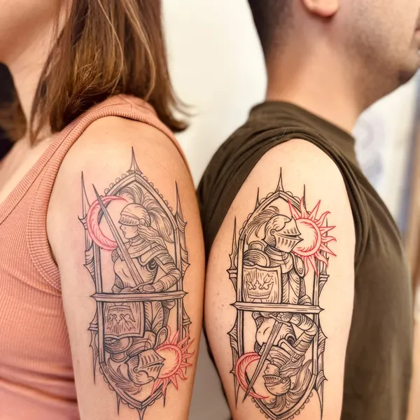 matching knights framed in gothic arched windows with red suns, medieval linework on two upper arms, by hannah at shade studio peterborough